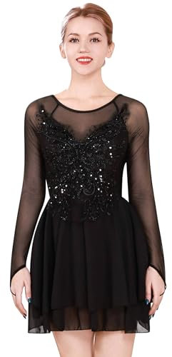FYMNSI Damen Tanzkleid Eiskunstlauf Kleid Langarm K�rkleid Rollkunstlauf Wettbewerb Tanzanzug mit Pailletten Blumen Mesh Chiffon Rock Ballettkleid Gymnastik Leotard Turnanzug Tanzkost�m Schwarz XS