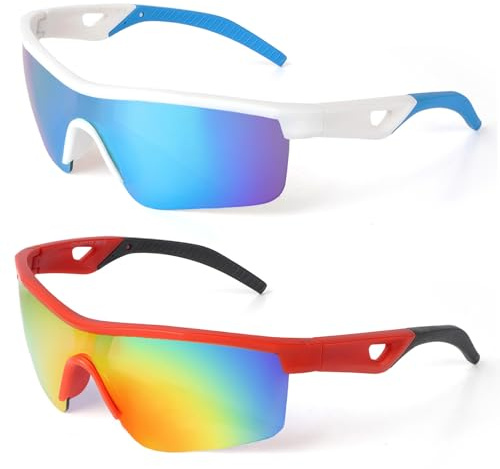 Tobriavor 2 Pièces Lunette de Soleil Enfant, Protection UV400 Lunettes Sport Lunettes de Vitesse Lunettes de Cyclisme Running Baseball pour 3-14 ans Garçons Filles