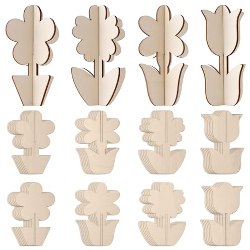 Gosknor 24 Stück DIY 3D Holzblumen zum Bemalen, Unbehandelte Holzscheiben für Frühlingsbasteleien Bemalbare Blumenausschnitte für Kinder und Erwachsene Osterdekorationen Mütter