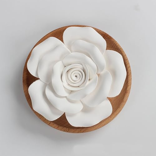 FLCSIed Essential Oil Passive Flower Diffuser -Non-Electric Porcelain Aromatherapy Diffusers for Small Mini Room, Desk Decorative, Bathroom (Rose with Wooden Plate)