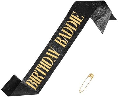 Birthday Baddie Sash for Women & Men, 63in Glitter Black Sash with Gold Foil Fun Birthday Happy Party Decoration Supplies & Baddie Accessories