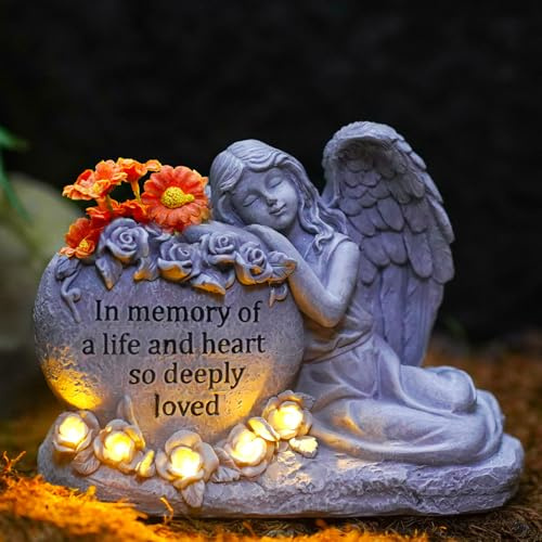 Eiswayla Solar Angel Garden Grave Ornaments, IP66 Waterproof Memorial Statue with LED Lantern, Bereavement & Sympathy Gifts for Mum, Women (19.5cm)
