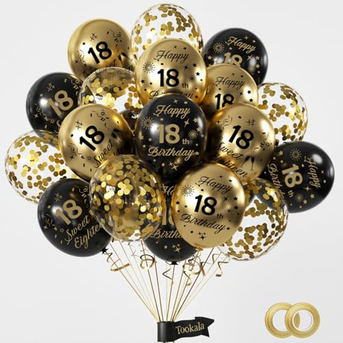 Tookala 18. Geburtstag Deko Luftballons Gold, 15 Stück Schwarz Gold Konfetti LuftBallons, 18th Happy Birthday Ballons, 18. Geburtstag Deko Jubiläum Partydeko Mädchen Jungen