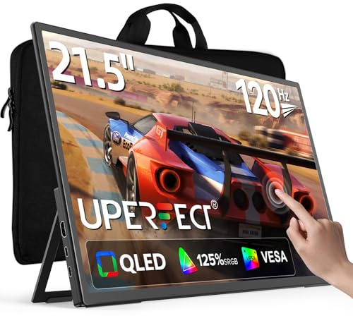 UPERFECT 21.5“ 120Hz QLED Écran Tactile Portable, 125% SRGB 2000:1 Contraste 1080P Grand Monitor avec Support Réglable à 180° USB C HDMI pour Laptop/Console de Jeux/Smartphone/Mini PC, Compatible VESA