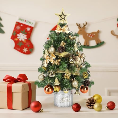 Aigostar Árbol de Navidad Pequeño 60cm 2pcs, Mini Christmas Tree con 48 Adornos Colgantes, Ideal para la Decoración Navideña del Interior del Hogar
