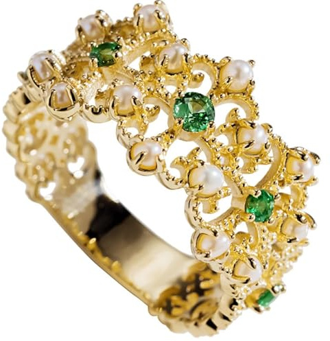 Ayoiow Gold 585 Ringe für Damen Gelbgold, Hohle Blume Tsavorit und Perle Damen Ringe Ehering, Vorsteckring Gold Ehering