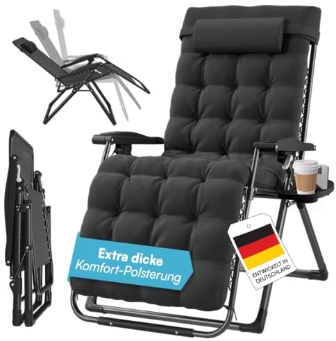 STEELSØN Lysira Zero Gravity Gartenliege, dick gepolstert, Gestell Schwarz | Klappbare Sonnenliege, Liegestuhl, Outdoor Relaxliege wetterfest, Campingliege mit Polsterauflage, Getränkehalter, bis 200 kg