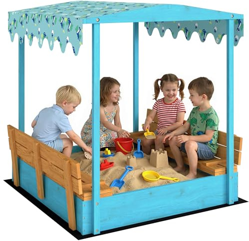 AIYAPLAY Arenero para niños de 3 a 6 años con techo de dinosaurios, asientos plegables, tapa y forro incluido, arenero para niños de madera de abeto, 134,5 x 127,5 x 130 cm, azul