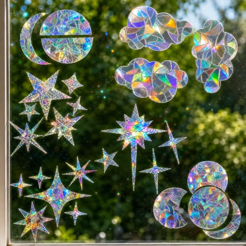 Window Decals for Bird Strikes, 3 Styles PVC Window Clings for Birds Anti Collision Window-Stickers (Clouds, Stars, Moon)