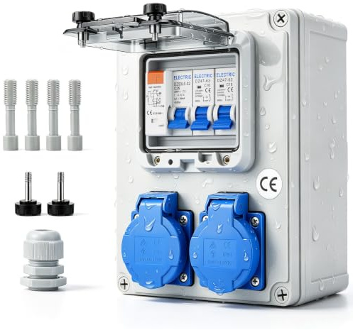 Répartiteur de Courant avec Interrupteur FI 30mA, Coffret Electrique Etanche Exterieur IP67, Tableau Electrique Etanche avec 2 Prises Schuko 230V et 2 Disjoncteurs C16A, pour Intérieur et Extérieur