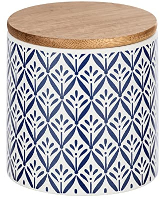 Wenko 54094100 - Scatola portaoggetti Lorca con coperchio in bambù, capacità: 0,45 l, ceramica, 10 x 10 x 10 cm, blu/bianco