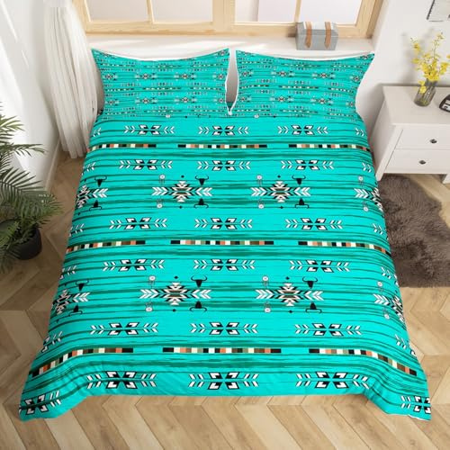 Erosebridal Western Boho Duvet Cover Queen,Cow Dream Catcher Bedding Set Southwestern Comforter Cover Sets,Ethnic Tribe Arrow Aztec Bed Set Retro Vintage Exotic Longhorn Skull Bohemian Decor Green