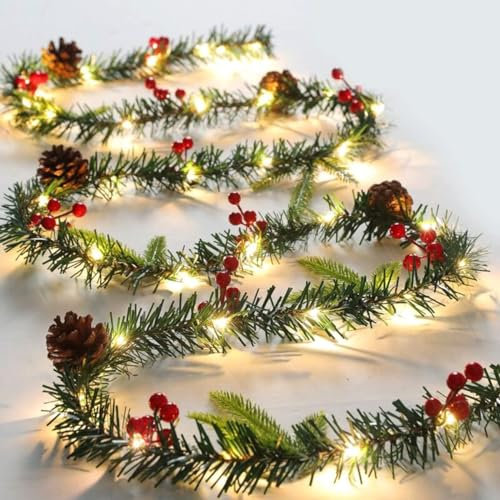 Queta Upgaded Christmas Garland Decoration Non-glue Artificial Xmas Garland with Cones, Berries and Led Lights for Door Stairs Fireplaces Christmas Wreath 2.6m/8.5FT