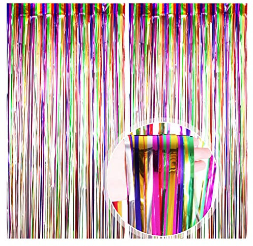 O-Kinee Lametta Vorhänge Bunt Glitzer, 2 Stück Metallische Glitzervorhang Fringe 1m x 2m, Glitzer Tinsel Curtain, Folienfransen Vorhang für Weihnachtsbaum Geburtstage Festivals Party ​Bühnendekor-3