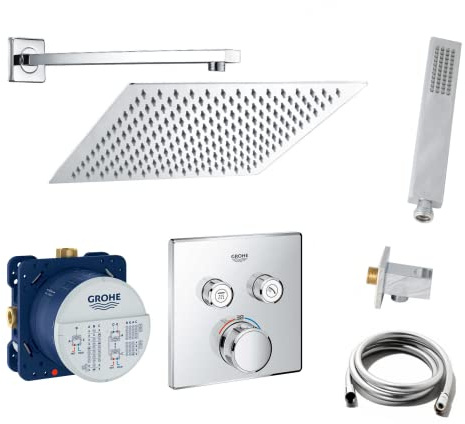 vanvilla Duschsystem Unterputz mit Duscharmatur Grohe poliert G02. V2 | Duscharmatur von Grohe SmartControl Thermostat Armatur und vanvilla Regendusche Duschkopf eckig, Dusch-SET poliert