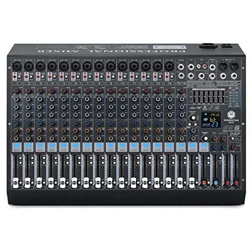 INMix DX16 Mezclador de audio profesional, 16 canales con 99 efectos DSP, ecualizador de 7 bandas, botón de encendido y silencio Phantom independiente de 48 V, función Bluetooth, grabación de interfaz