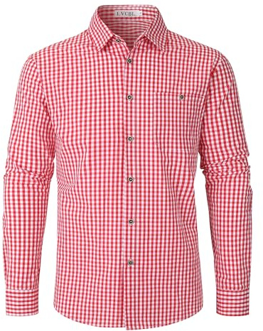 LVCBL Trachtenhemd Herren Kariert Oktoberfest Hemd Langarmhemd für Männer Rot 2XL