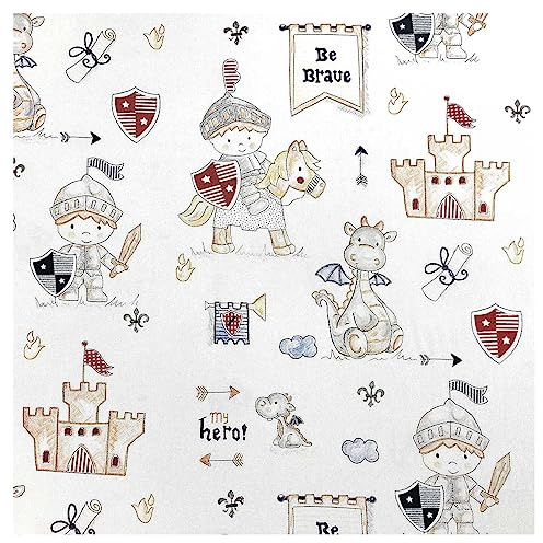 SANDNER Stoffhaus Kinderstoff Kleiner Ritter Robin aus Baumwolle Meterware für Kleidung und Dekoration mit Drache und Ritterburg 140 x 50 cm