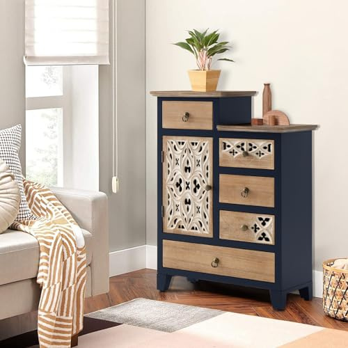 Ahokua Farmhouse Accent Chest with Carved Door and 5-Drawers, Vintage Storage Cabinet Modern Dresser for Living Room, Entryway, Hallway, Multi-Drawer Organizer, Natural and Deep Blue