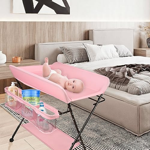 Wickeltisch, faltbar und tragbar, klappbarer Wickeltisch mit Aufbewahrungskorb, an der Seite, max. Belastung 25 kg für Neugeborene, ergonomisches Design (Rosa)