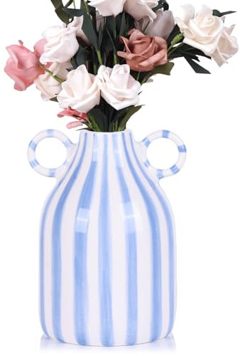 oliruim Jarrón de cerámica a rayas azules y blancas con asa, decoración costera minimalista moderna para el hogar para centros de mesa de cocina, oficina, estantería, decoración estética de dormitorio
