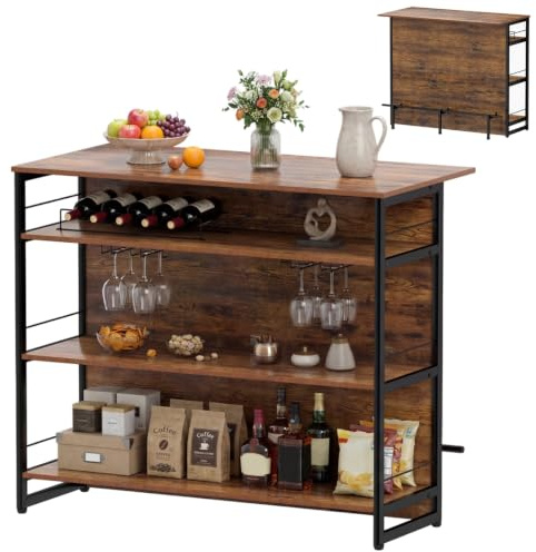 COSTWAY 2-in-1 Industrial Kitchen Island, 4-Tier Bar Table Sideboard with 3 Open Shelves, Wine Rack, Stemware Holders & Footrest, Wine Cabinet Storage Organizer for Home Pub (Rustic Brown)