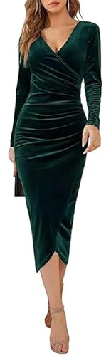 Rongseng Sammetsklänning för kvinnor, långärmad vinterklänning, V-ringad omlottklänning, bodycon, festklänning, nyårsklänning, elegant, festlig, bröllop, affärer, aftonklänning, cocktailklänning