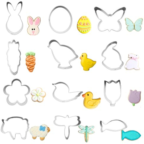 PTaizjjz Set von 12 kleinen Oster-Ausstechformen aus Edelstahl – Osterei, Küken, Schmetterling, Blume, Hase, Karotte, Fisch und mehr noch..