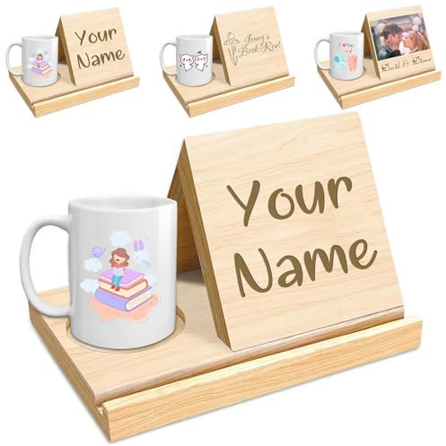 Personalisierbarer dreieckiger Buchhalter aus Holz, mit Gravur, Buchständer aus massivem Eichenholz, mit Kaffee-Getränkehalter, personalisierbar, Geschenk für Leser, Lehrer, Schriftsteller