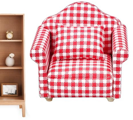 YUNFANG Puppenhaus-Sofa, Miniatur-Sofamöbel | Puppensessel im Maßstab 1:12 mit Kissen - -Couch, Miniatur-realistisches rot Kariertes Möbelspielzeug für Puppenhäuser, Kinder, Erwachsene, Sammler