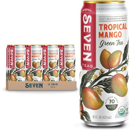 SevenTeas Tropical Mango Green Tea, 16 OZ (Pack of 12 Cans), Organic Iced Tea