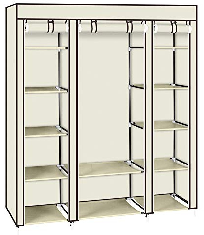 Bonnlo Kleiderschrank, Stoffschrank mit Kleiderstange und Ablagen Stabil, Stoffkleiderschrank für Schlafzimmer, 150 x 45 x 175 cm, geräumig, Faltbar, Beige
