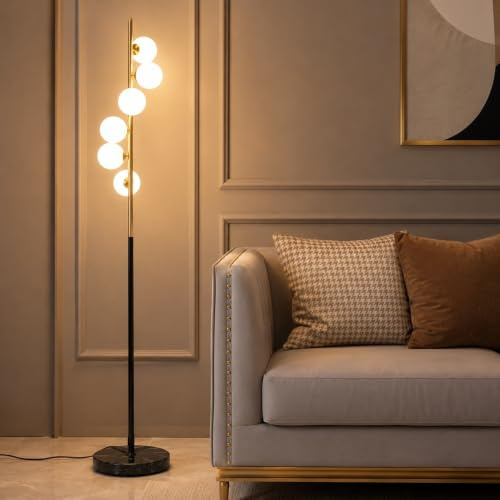 Wylolik 6-Kugel-Stehlampe mit weißem Glasschirm, Moderne Luxus-Stehlampen, Eck-Leselampe, vertikale Stehlampe, Atmosphäre, Steh-Stehlampen, dekorative hohe Lampen für Wohnzimmer, Marmorsockel