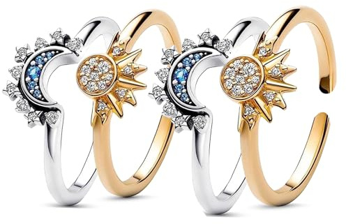 Uwiyo 2Pcs Ajustable Bagues Motif Lune Soleil Scintillantes Réglables Bague Bague d'amitié, Bijoux Lune Soleil Empilable, Pour couples (or et argent 2 paires)