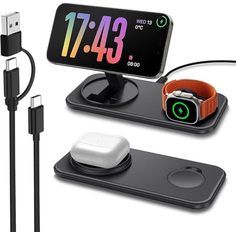 Chargeur Induction 2 en 1, Station de Charge sans Fil 15W pour Mag-Safe pour iPhone 17 16 15 14 13 12 11 Pro Max Mini Plus,Apple Watch Ultra 11 10 9 8 7 6 SE 5 4 3 2,AirPods 4 3 Pro 2, Noir