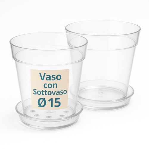 Tomaino - Vase transparent pour orchidée en plastique avec soucoupe - Pour rempotage des plantes intérieures et extérieures (2, Ø 15)
