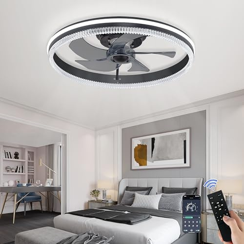 Leiser LED Deckenventilator mit Beleuchtung Schwarz, 50cm Moderne Dimmbare Deckenleuchte mit Ventilator, Lampe mit Ventilator per Fernbedienung, 6-Gang Reversibel, Timer, für Schlafzimmer Wohnzimmer