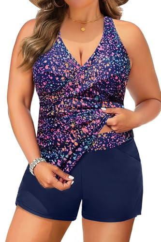 Plus Size Tankini Swimsuit for Women - Two Piece Tummy Control Bathing Suit Tankini Top with Two Pockets Shorts Starry Sky 22 Plus