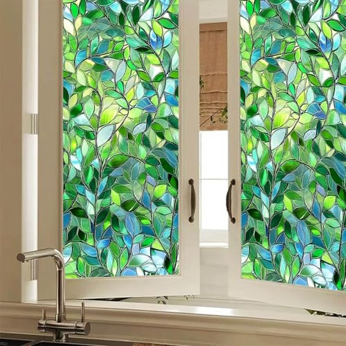 BlissYard Window Privacy Film Green Leaves Static Cling Window Sticker 17.7x39.3 inch Home Decoration Sun Blocking Decorations Cover for Room Decor Home Office Glass Partitions