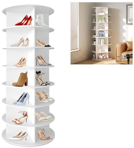 WUDLEP Drehender Schuhregalturm, 7-stufige drehende Schuhanzeige, Drehbarer 360-Schuhregalturm, Drehbare Schuhschrankorganisation für Bücher und Pflanzen, Weiß