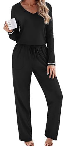 Litherday Pigiama Donna Cotone Invernale 2 Pezzi - Set da Notte Morbido con Collo a V, Pantaloni con Tasche - Pigiama Leggero e Comodo per Casa Nero L