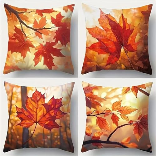 Lituor Federe Cuscini Divano 40x40 cm Foglie d'acero,Decorativi Quadrato Morbido Copricuscini,Set di 4 Fodera Cuscini Paesaggio autunnale per Soggiorno Camera da Letto Giardino all'aperto Decor