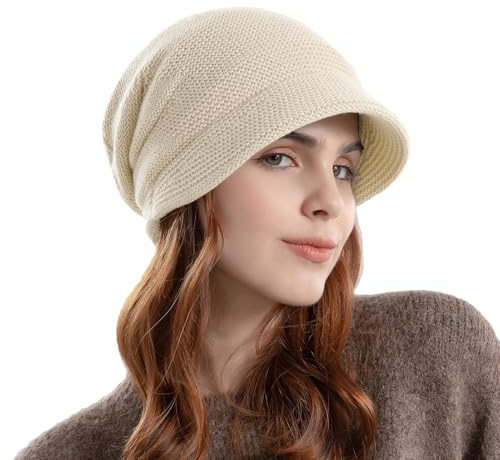 Bonnet d'hiver pour Femme avec visière, Bonnet tricoté décontracté pour Fille, Bonnet Doux doublé en Polaire avec visière, Chapeaux Fashion à Couleurs Multiples pour Temps Froid