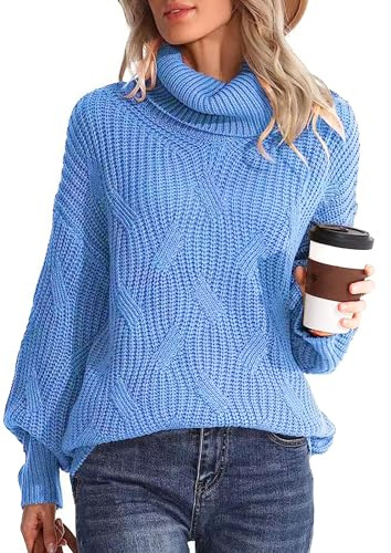 MAGIMODAC Winter Pullover Damen Strickpullover Rollkragen Langarm Winterpullover Einfarbig Oversized Gestrickte Oberteile Lässig Locker Strickpulli Warm Grobstrickpullover Blau L