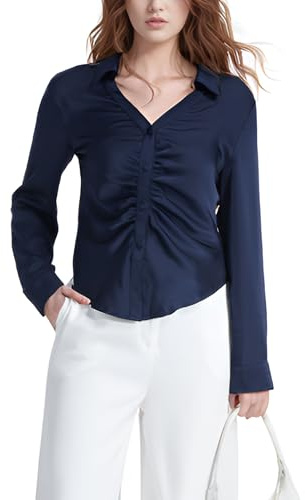 MISS MOLY Camicetta da Donna in Raso Elegante Camicia in Chiffon Maniche Lunghe Camicette in Raso con Volant Camicetta da Ufficio Top a Tunica con Bottoni