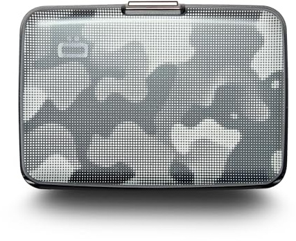 ÖGON -DESIGNS- Tarjetero de Aluminio con Cierre metálico, protección RFID contra el fraude y la desmagnetización, Cartera compacta, Modelo Smart Case Stockholm (Grabado Camo)