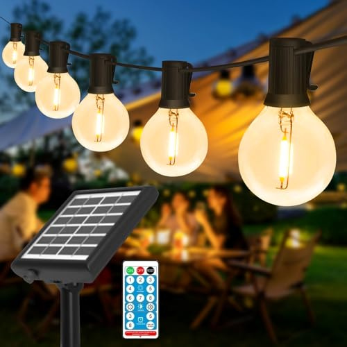 HEGEHE Lichterkette Außen Solar, 10M 20LED Solar Lichterkette Aussen mit Fernbedienung, IP65 Wetterfest G40 Glühbirnen Solarlichterkette 8 Modi Beleuchtung für Garten Balkon Terrasse Outdoor Deko