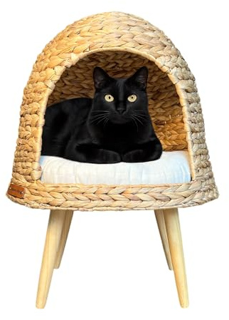 Le Condo Chic Hive pour Chat Tressée à la Main Panier Artisanal en Jacinthe d’Eau Ruche élevée sur Pieds en Bois Lit en Fibre Naturelle pour Petit Chien Design Original avec Coussin 43x36x57 cm