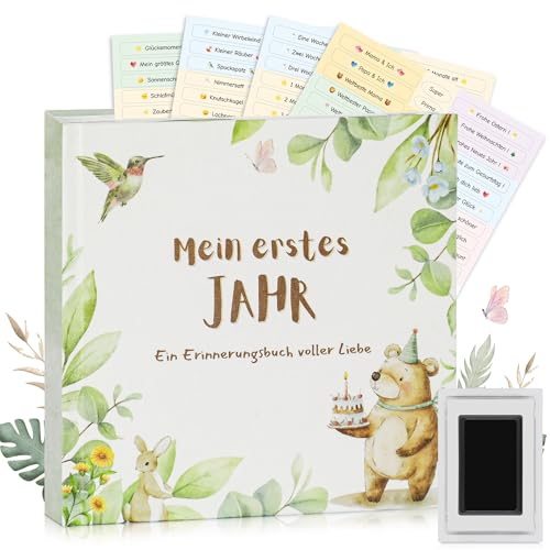 EARLY MINDS Babytagebuch Mein erstes Jahr – Leinen-Cover mit süßen Waldtieren, 21×21 cm, 88 Seiten, 4 Sticker, Hand- & Fußabdruck-Set, Babybuch/Babyalbum/Erinnerungsbuch, neutral für Jungen & Mädchen