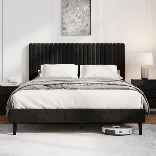 HOMBCK Polsterbett 140x200cm, Bett 140x200cm mit Lattenrost, Schwarz | Höhenverstellbares Kopfteil Jugendbett, Samt Bettgestell, Ohne Matratze, Einfache Montage